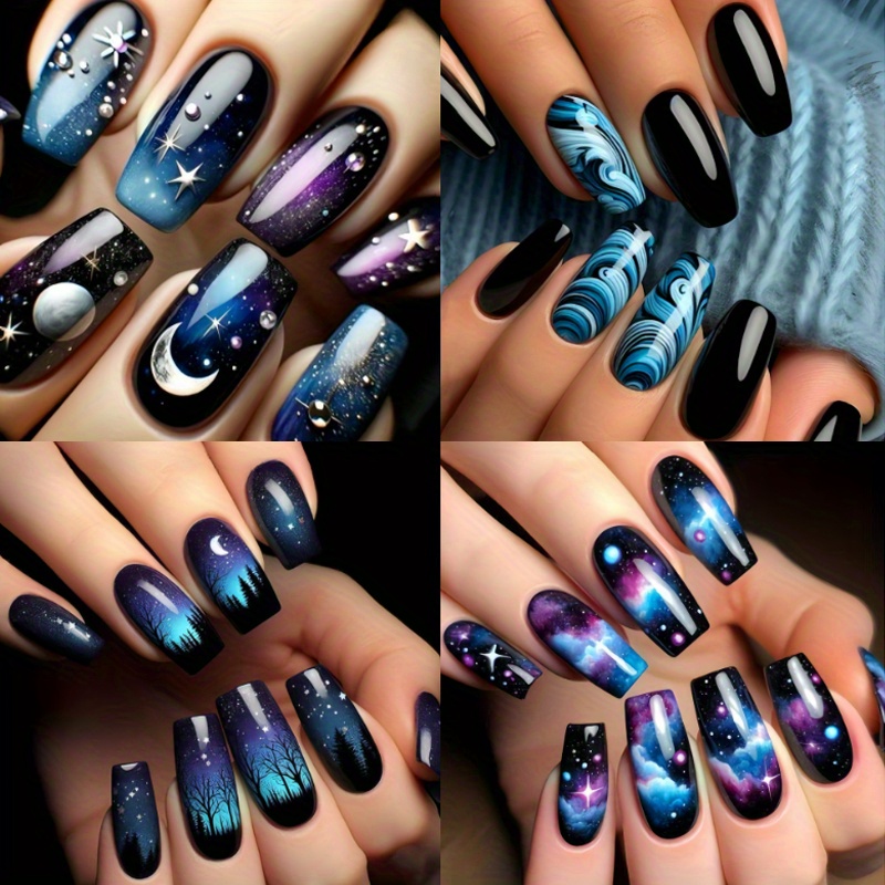 

96pcs (4 Pack) Nail Art Stickers, Long Square Shape, , Blue& Purple Tones, Star And Moon Patterns, Removable Pre- Naildecals In Black