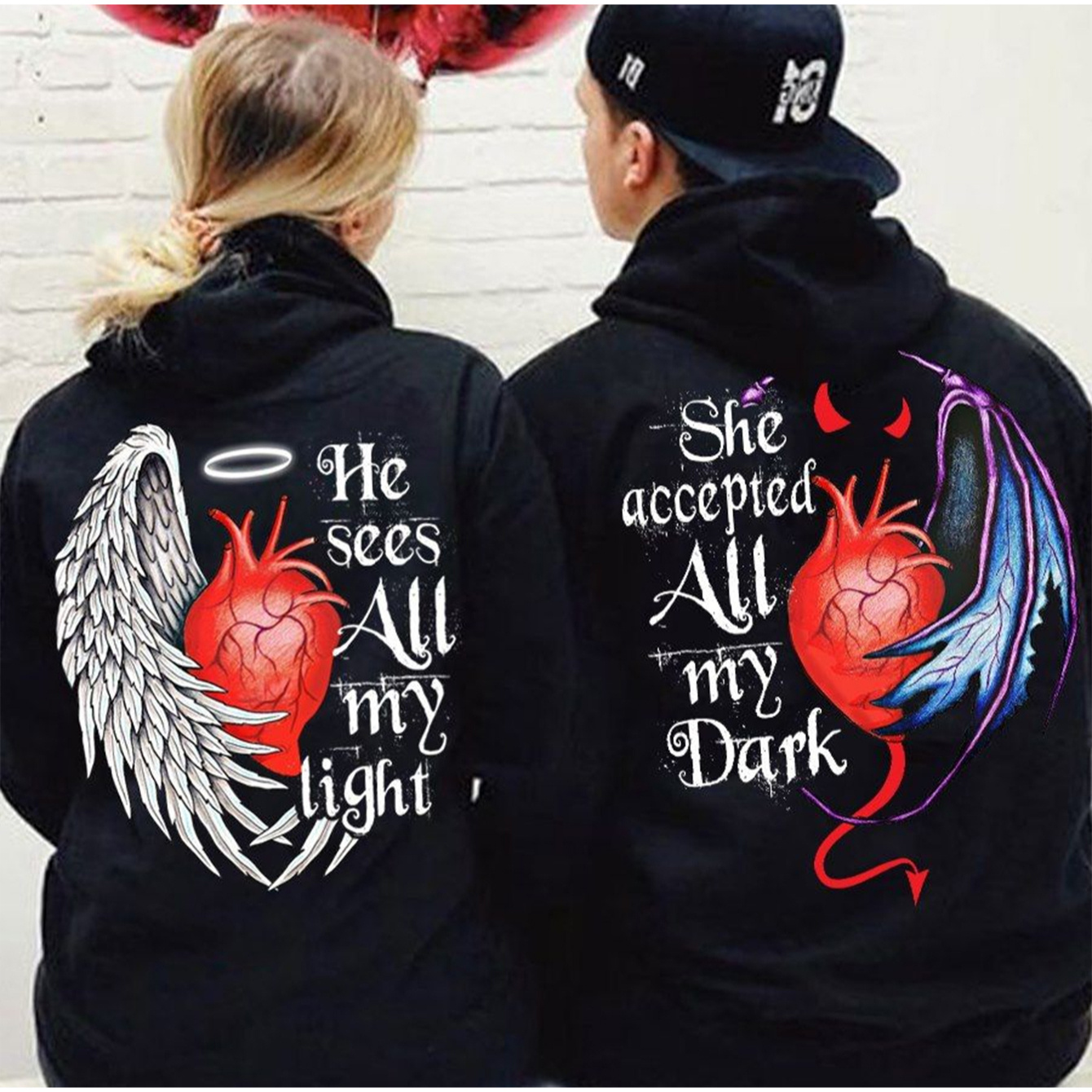 

1pc Valentine's Day Couple Outfit He Sees Light/ She Dark Printed Couple Hoodie With Kangaroo Pocket And Plush Casual Long Sleeved Hooded Sweatshirt, Suitable For Outdoor Use