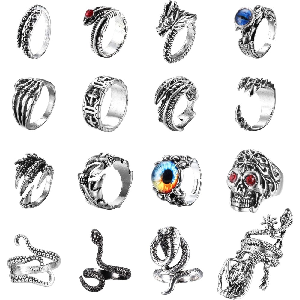 Image of 16pcs Vintage Punk Open Adjustable Rings With Cute Animal Designs Snake Skull Frog Knuckle Stacking Gothic Style For Teenager And Teenager, For Teenager, For Teenager