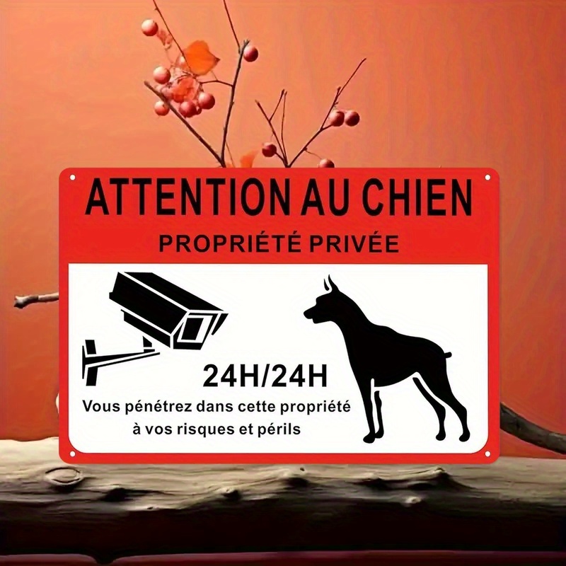 TEMU Panneau Vintage Français "Attention Au Chien" - 1 Pièce, 12"x8" (30x20cm) en Métal Fer, Avertissement de Propriété Privée avec Silhouette de