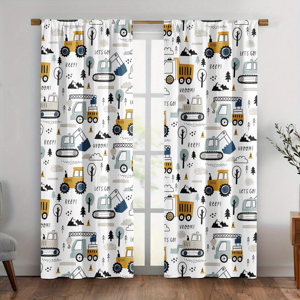TEMU 2pcs Curtain Fabric Set, Thermal Insulation And Curtains, Car-printed Construction Vehicle Pattern Curtain Additions, Machine Washable Polyester