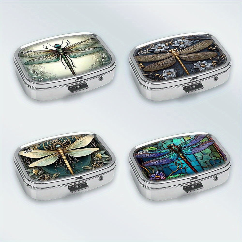TEMU 4-pack Dragonfly Art Decorative Pattern Printing Metal Medicine Box, Double Compartment Convenient Square Pill Box, Multifunctional Medicine,