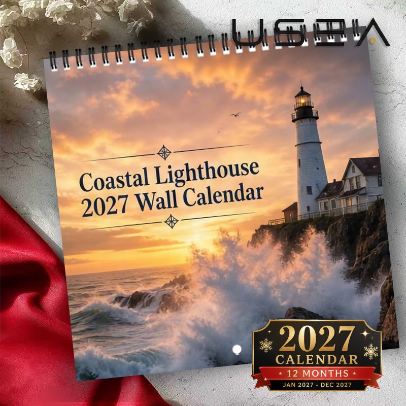 TEMU Calendrier mural 2027, Calendrier mural phare côtier 2027, Planificateur mensuel 12 mois avec reliure spirale à double fil, Calendrier mural à