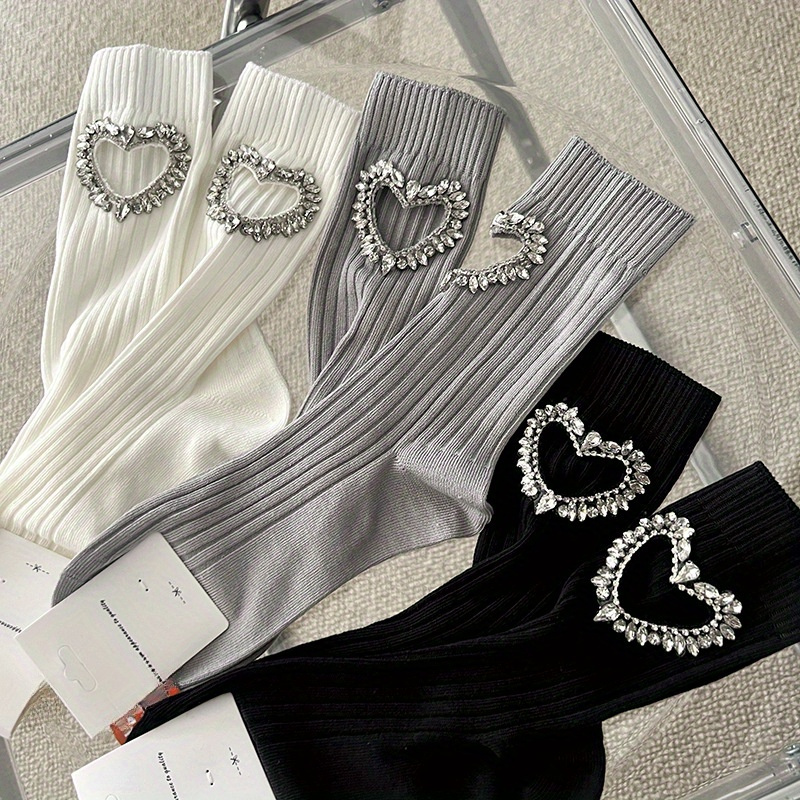 Image of 2/3 Pairs Of Light Luxury Fashionable Heart-shaped Design Rhinestone Mid Tube Socks, Multi-functional Comfortable Knitted Socks, Suitable For Spring And Summer Wear, For Teenager
