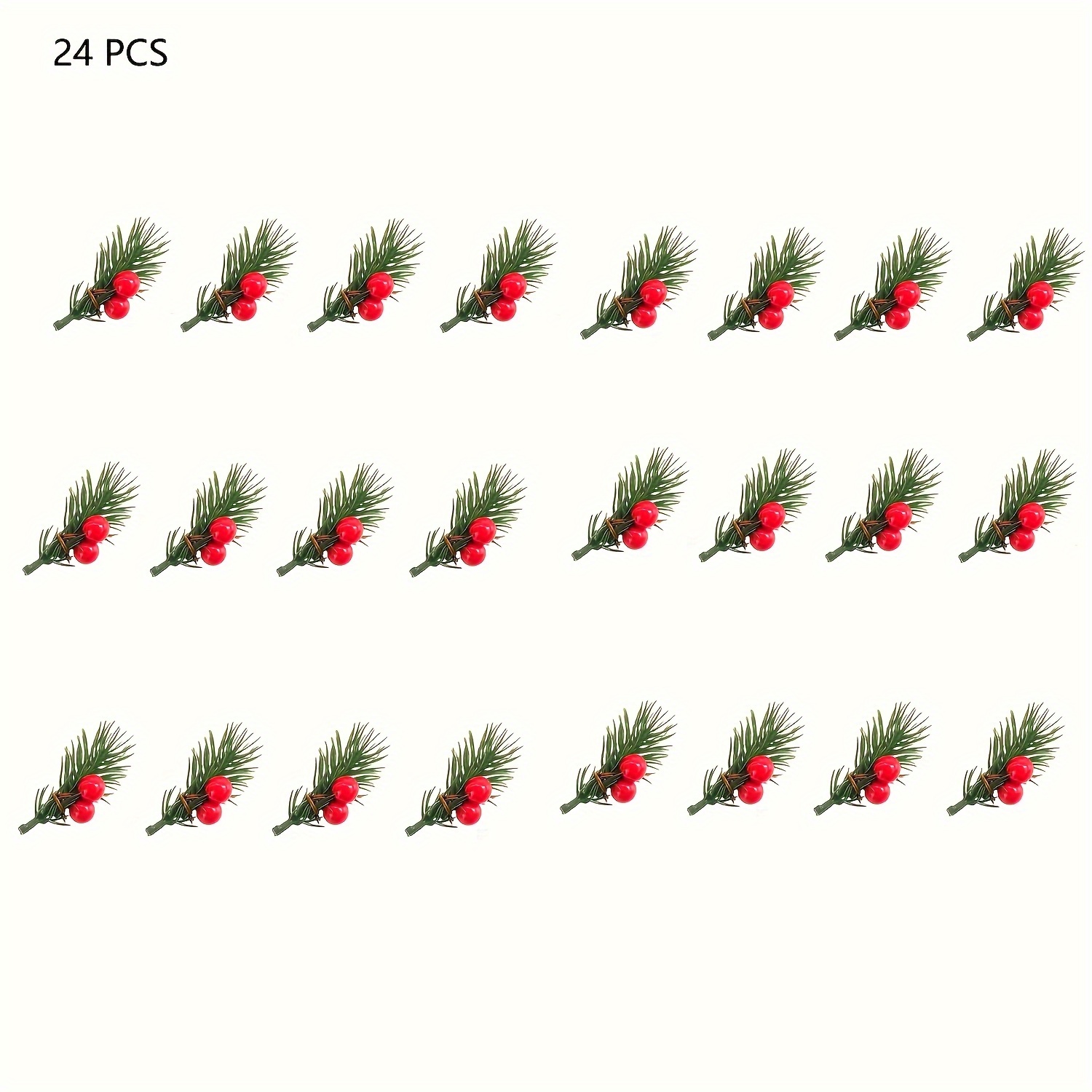 24-pack Artificial Christmas Pine Branches With Red Berries And Plastic Holiday Flowers, Suitable For Diy Crafts, Gift Box Decorations, And Party Supplies