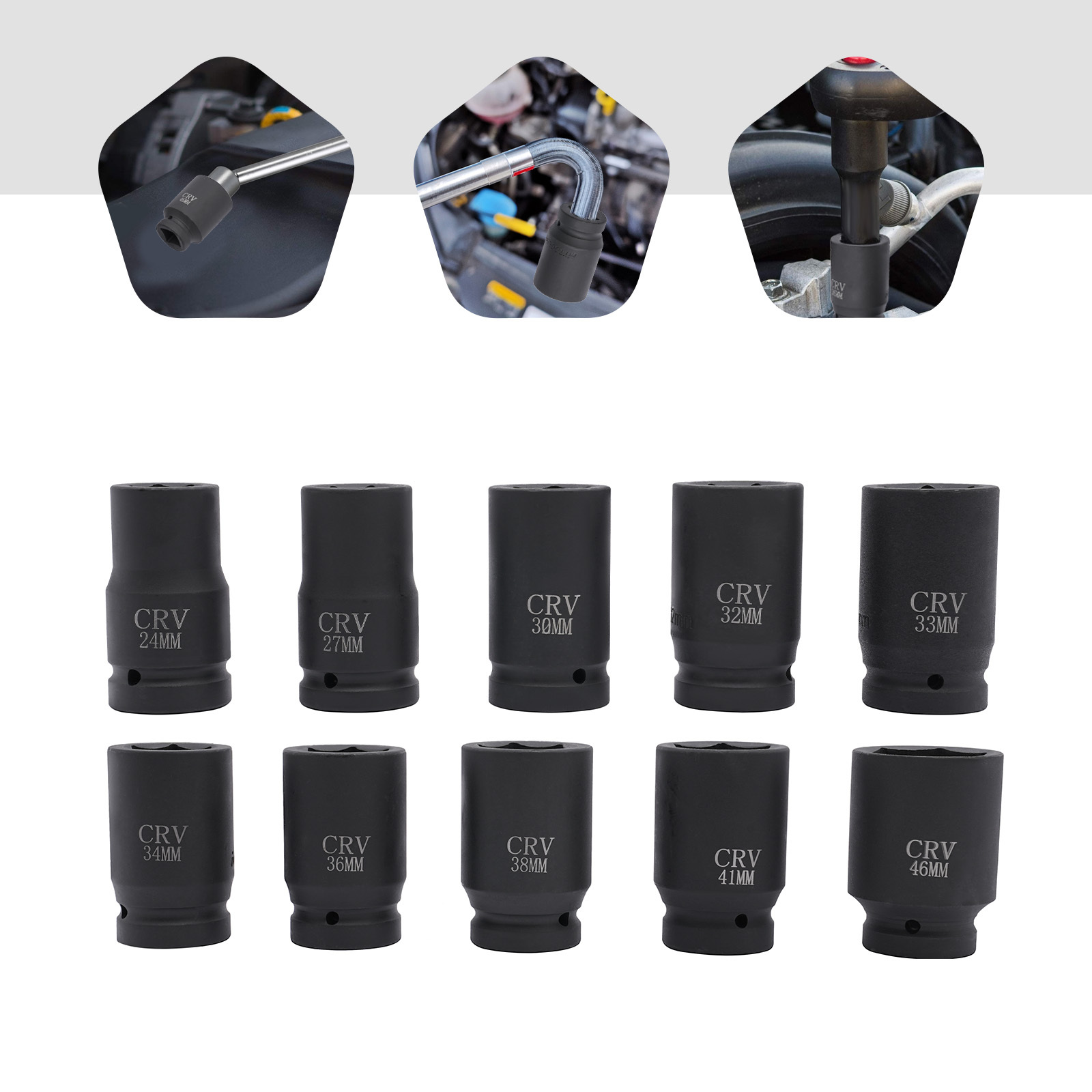 E-shop 1-Zoll-Schlagschrauber-Mutternsatz, 10-tlg. 24-46 mm, LKW-Antriebsbuchsen-Mutternsatz, Antriebsbuchsen-Schlüssel-Einsatzsatz, Antriebsmuttern,
