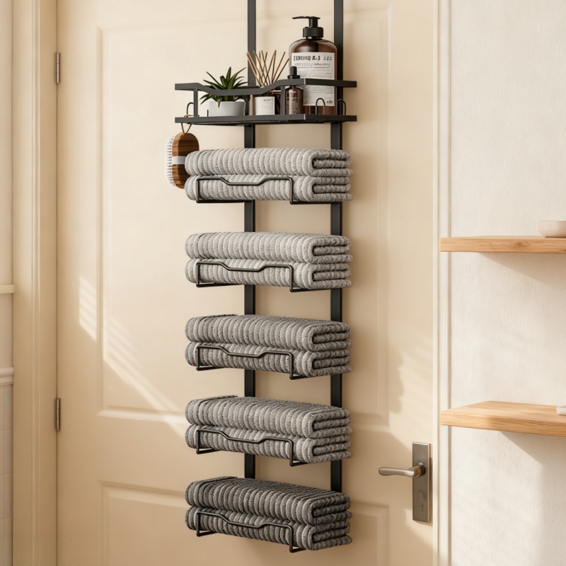 TEMU 1 Piece Of A Metal Six-tier Towel Rack That Hangs Over The Door, Designed For Bathroom Storage With A Basket, Ideal For Saving Space In Rvs,