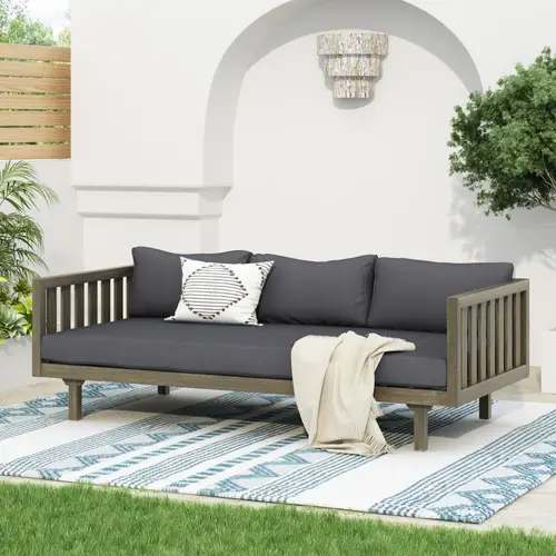 3 seater outdoor daybed with acacia wood frame grey high quality cushions manual recliner handle open slat backrest 67 5 wide for patio garden poolside outdoor cushions poolside lounging durable hardwood