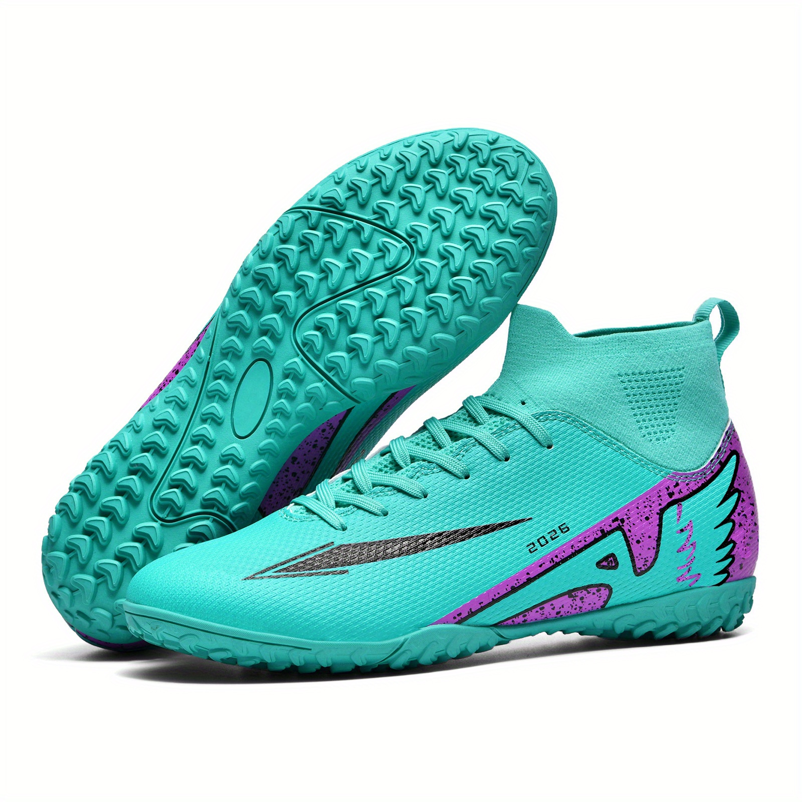 youth high top outdoor soccer cleats lightweight breathable training match   with anti slip   studs vibrant teal purple design   turf grass football   soccer gear   footwear durable rubber sole 0
