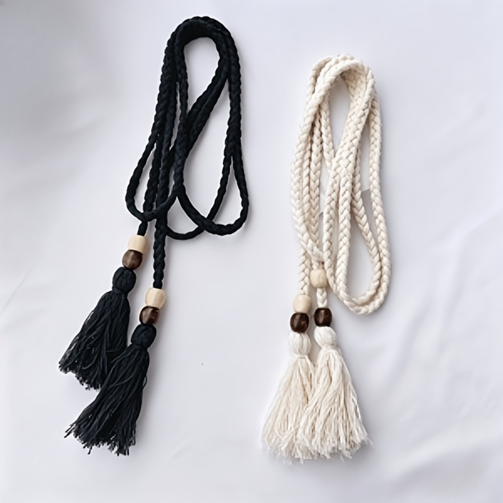 TEMU 2pcs Black And White Tie Belt Bohemian Style Belt With Tassel Details, Casual , Beach Trips, And Daily Wear, Multifunctional Waist Accessory |
