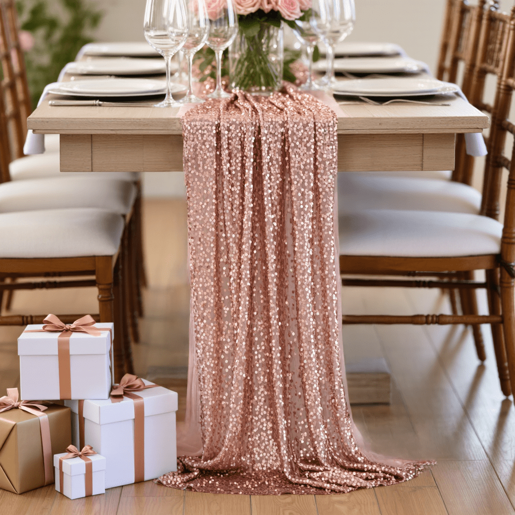 1 Gorgeous Rose Runner, A Centerpiece For Wedding Party Dining Tables, Featuring A Beautiful Surface Inlaid With Sequins. In Multiple Table Styles. Suitable For Dates, Dinners, Family
