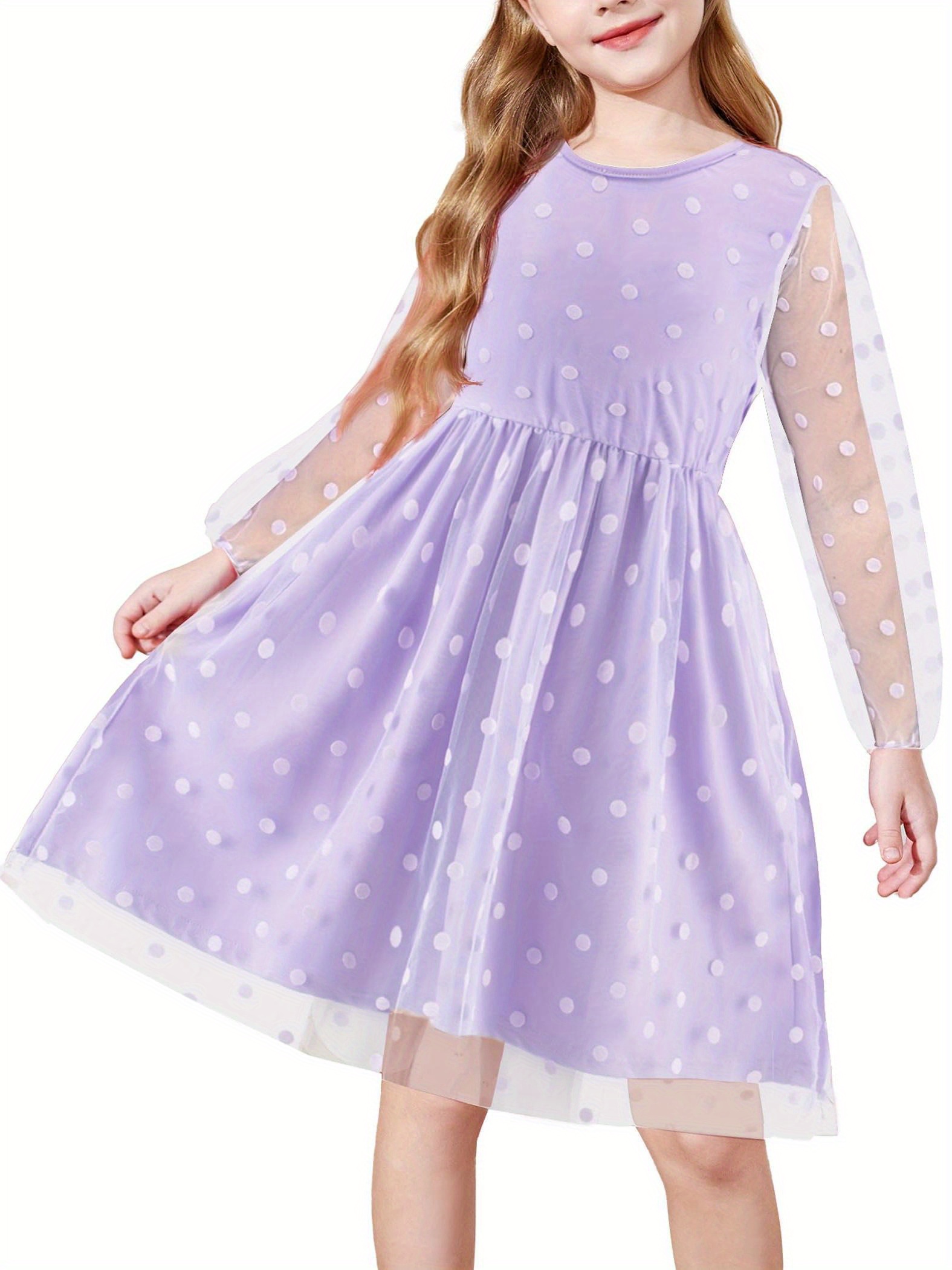 girls lavender polka dot mesh dress sparkling - Temu
