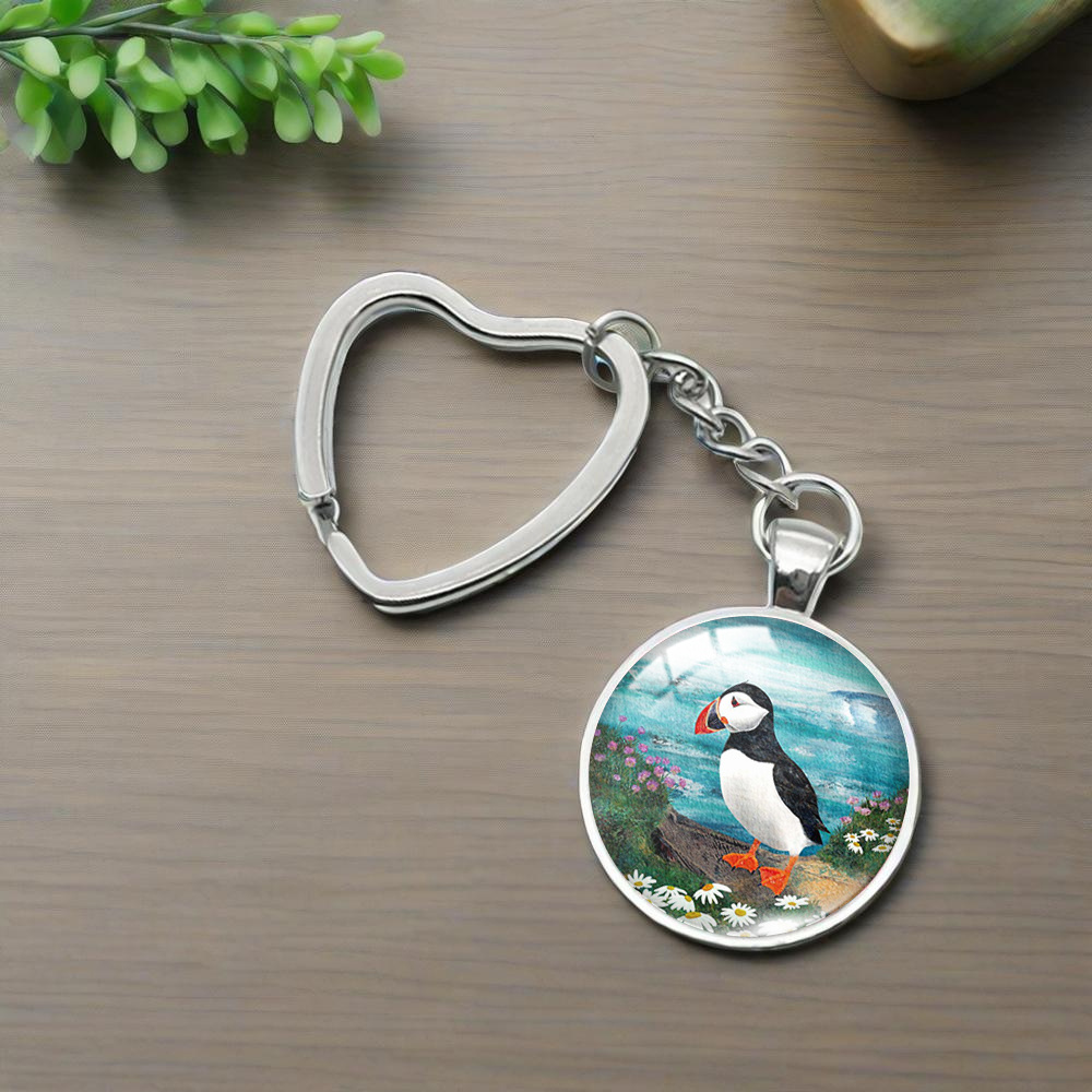 TEMU Porte-clés Cœur en de Verre Rond avec Image de Peinture à l'Huile Puffin , Accessoire de Bijou Fait Main, Cadeaux