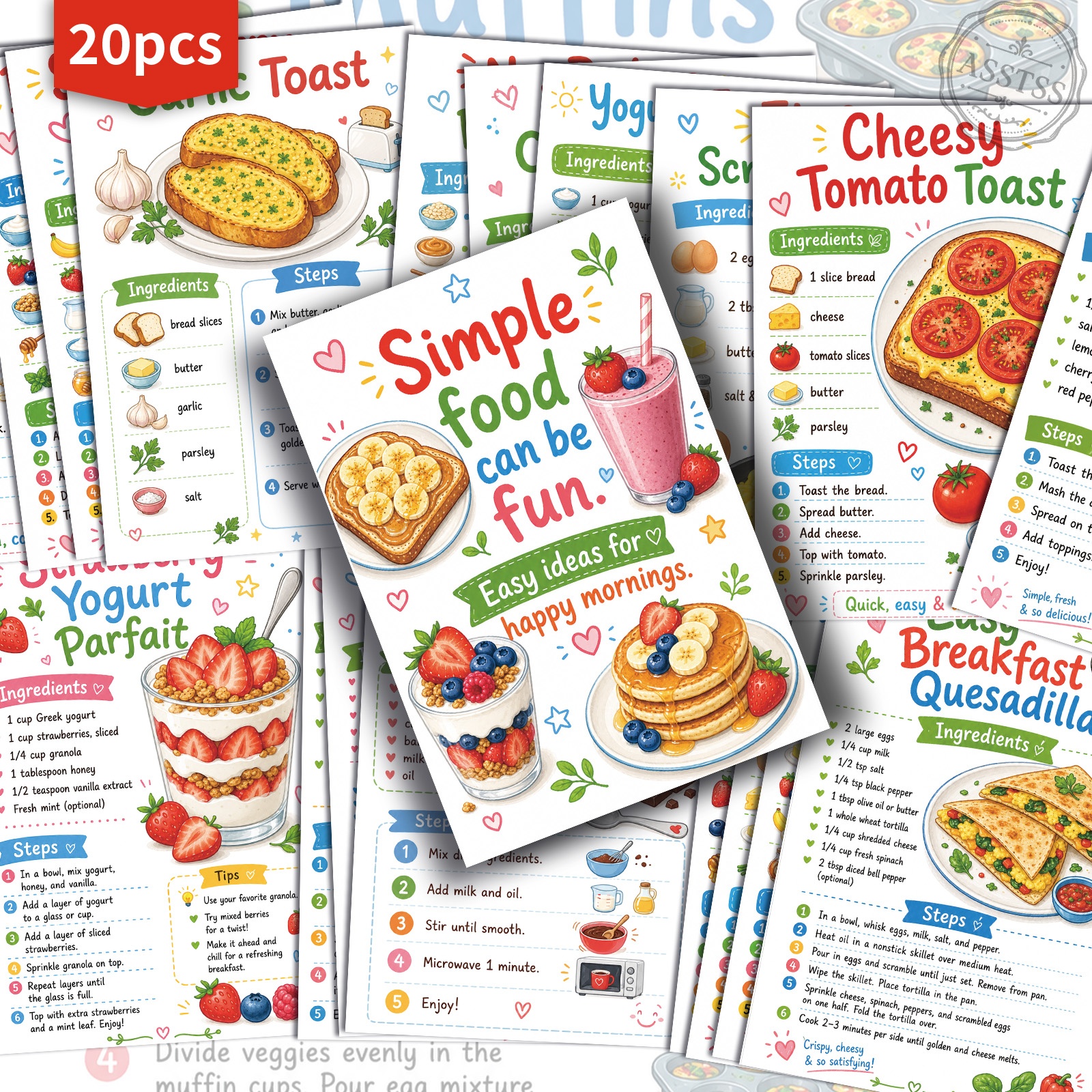 TEMU 20-pack Asstss Cartoon Breakfast Recipes Postcards - 4x6 Inches Retro Junk Journal Supplies, Classic Pinup Illustrations Collectible Decorative