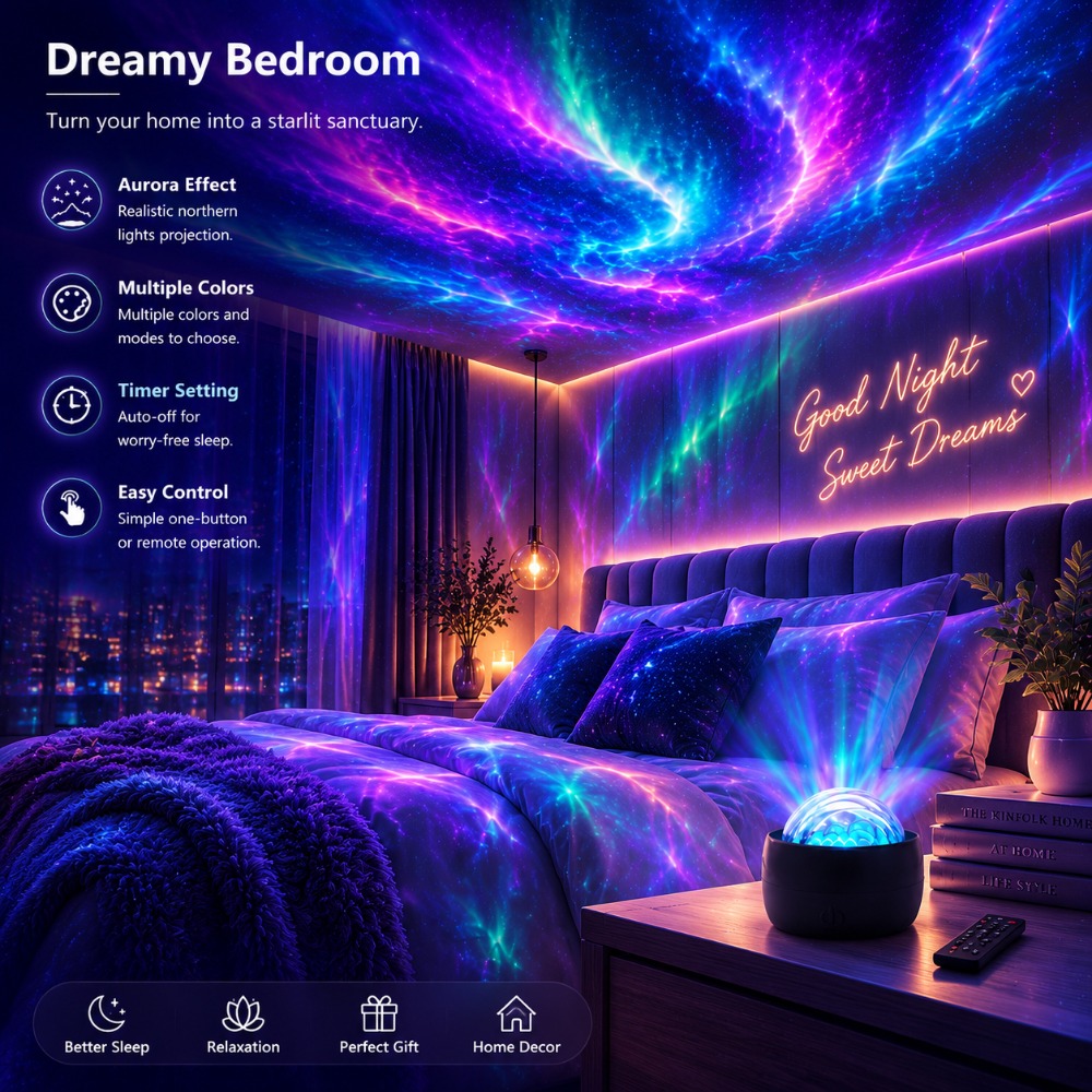 Aurora Projector Light, Northern Lights Lamp With Ocean Wave Effect, Sound Reactive Led Night Light, Usb Powered Bedroom Decor For Sleep Relaxation