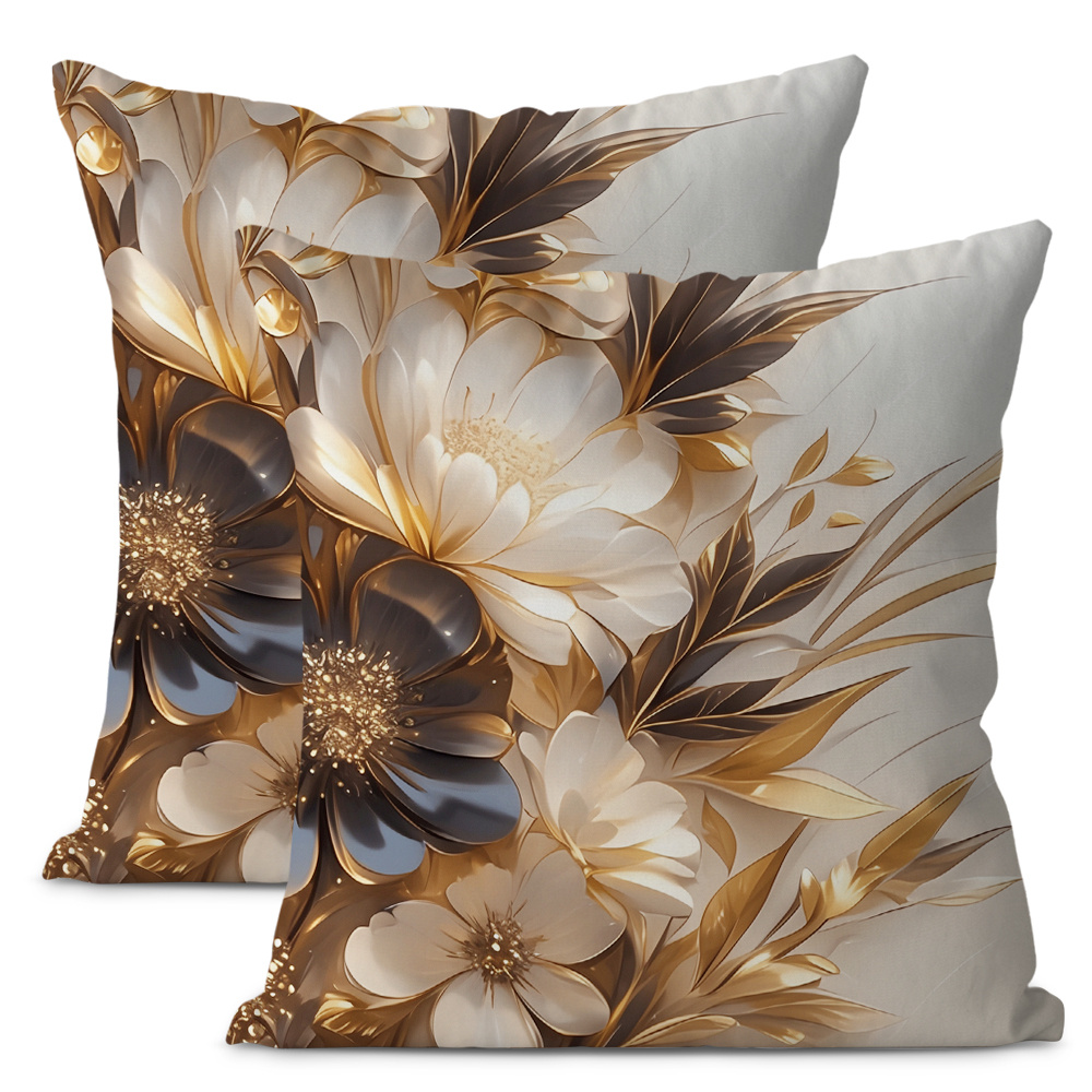 

2pcs Elegant Golden Floral Throw Pillow Covers - Soft Short Plush, 18x18 Inch Cases With Zipper, Machine Washable For Living Room, Bedroom, And , Decorative Pillows