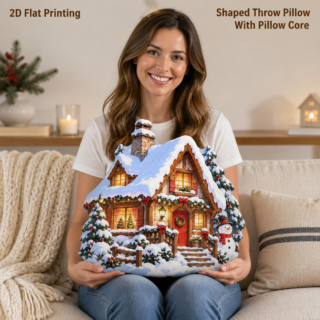 TEMU Winterhuis Kerstscène Kerstcadeau 2D Platte Print Vormige Gevulde Sierkussen Decoratief Kussen voor Slaapkamer Bank Woonkamer Kerstfeest En