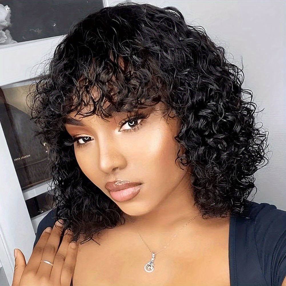 human hair wig bangs women glueless short curly wave curly 