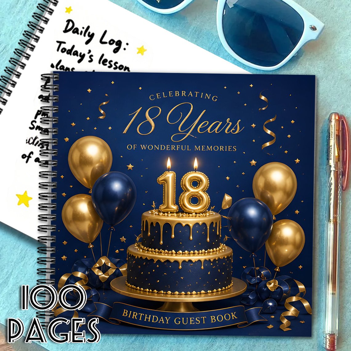 TEMU 1pc 'or pour la 18e année, cahier de messages carré sur le thème bleu marine et doré, cadeau idéal pour et convient à divers événements de