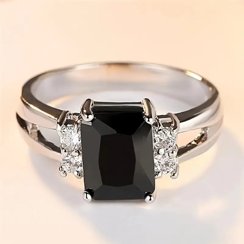TEMU 1 Elegant Princess Square Black Synthetic Zirconia Ring, Suitable For Women - Copper Engagement And Wedding Ring, Synthetic Gemstone, Romantic