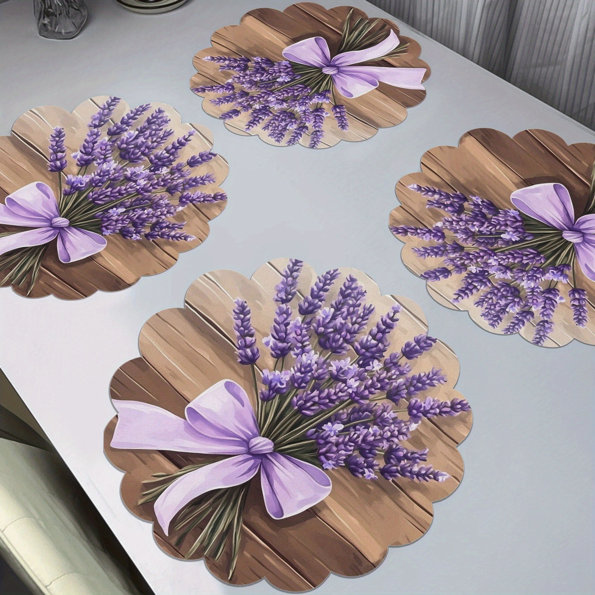 Image of Lavender Bouquet 4pcs, Table Mat, Machine Washable, Durable, Heat-resistant, Easy To Clean, High Quality, Anti-slip, Polyester Table Mats For Holiday Dining Decor. 13.8in And 15in