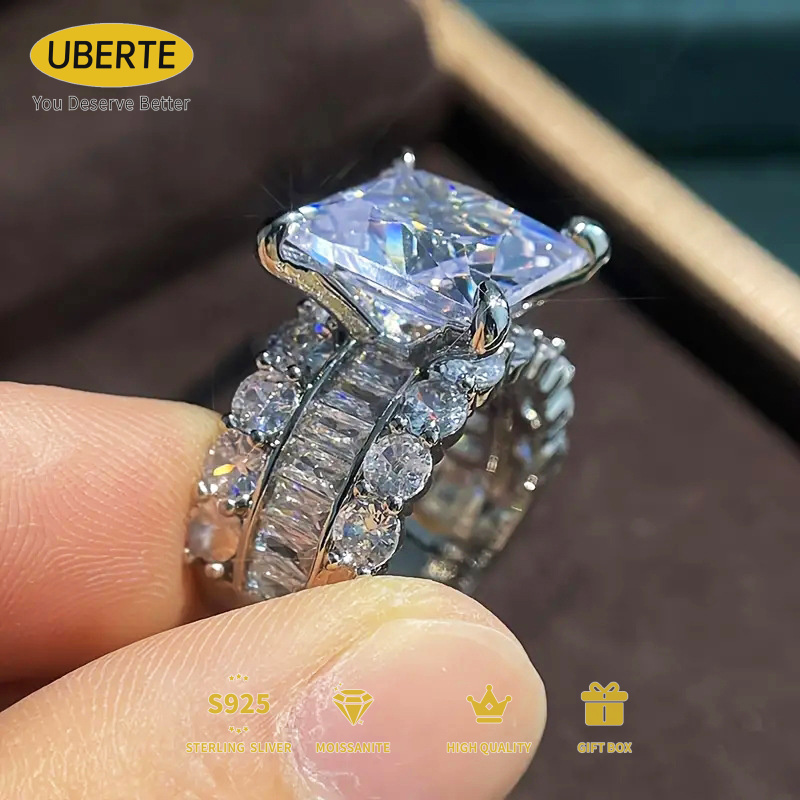 TEMU Elegant S925 Sterling Silver Women's Ring, Set With A 5.0-carat Square Moissanite. Sparkling And , Easy Yet Sophisticated. Perfect As A Party
