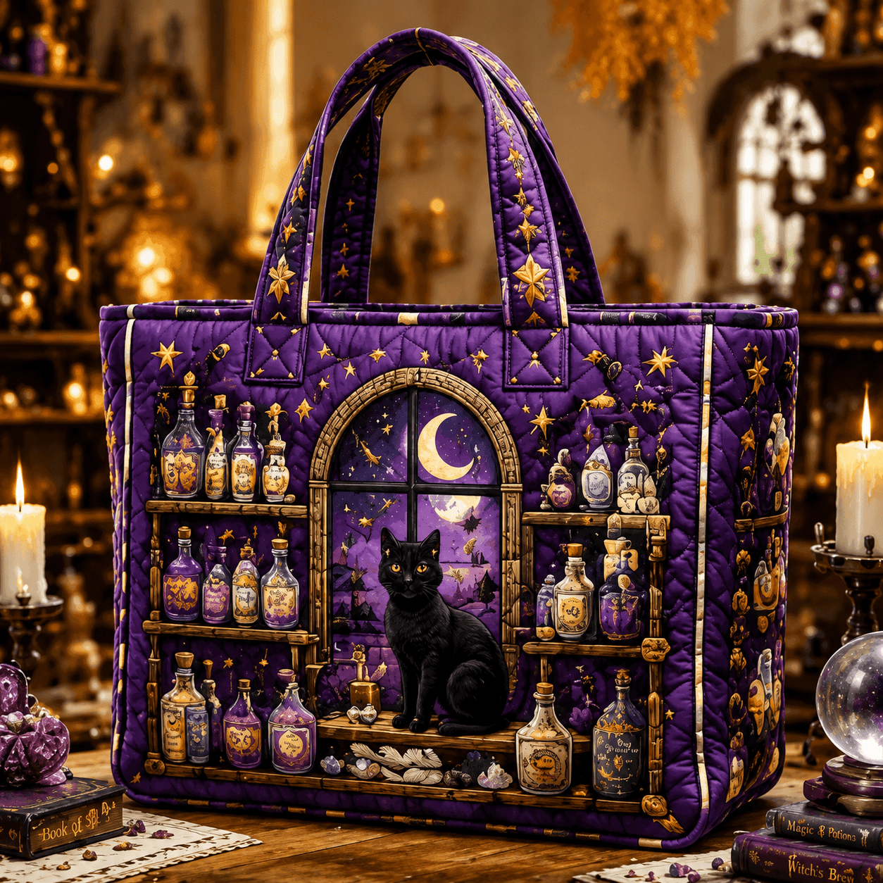 TEMU 26 Quilted Tote Bag For Women Large Capacity Fantasy Handbag Wizard Theme Shopping Shoulder Bag Halloween Fall Winter Gift Tote