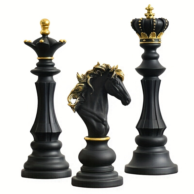 3pcs of Black and Golden Resin Chess Ornaments, Luxurious Black and Golden Chess Pieces, Suitable for Home Decoration- Ideal for Living Rooms and Study Rooms. Desk Arrangement