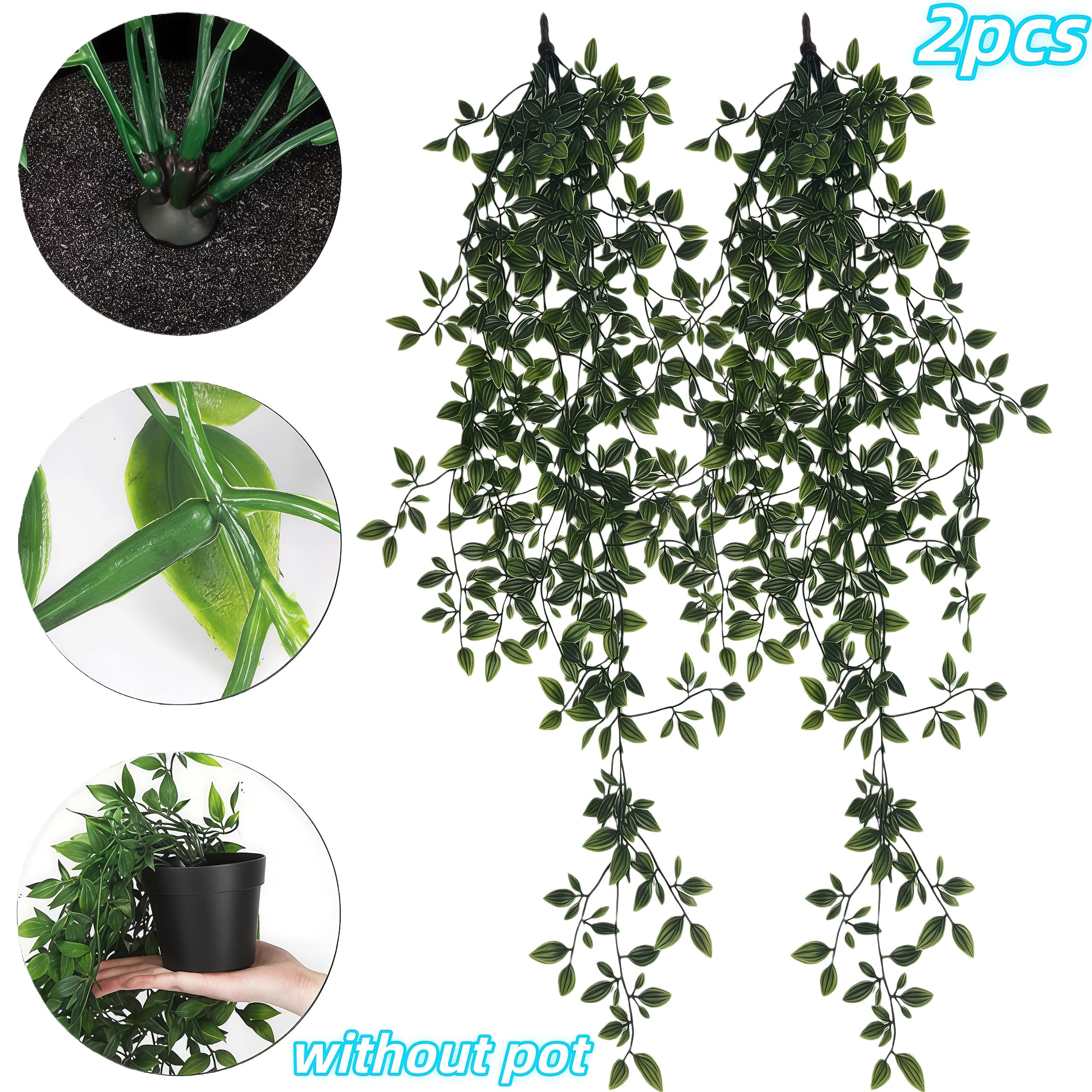 TEMU Lot de 2 grandes fleurs/plantes artificielles avec suspension et base à piquet de sol, arrangement en pot | Plantes factices | Fougères vertes |