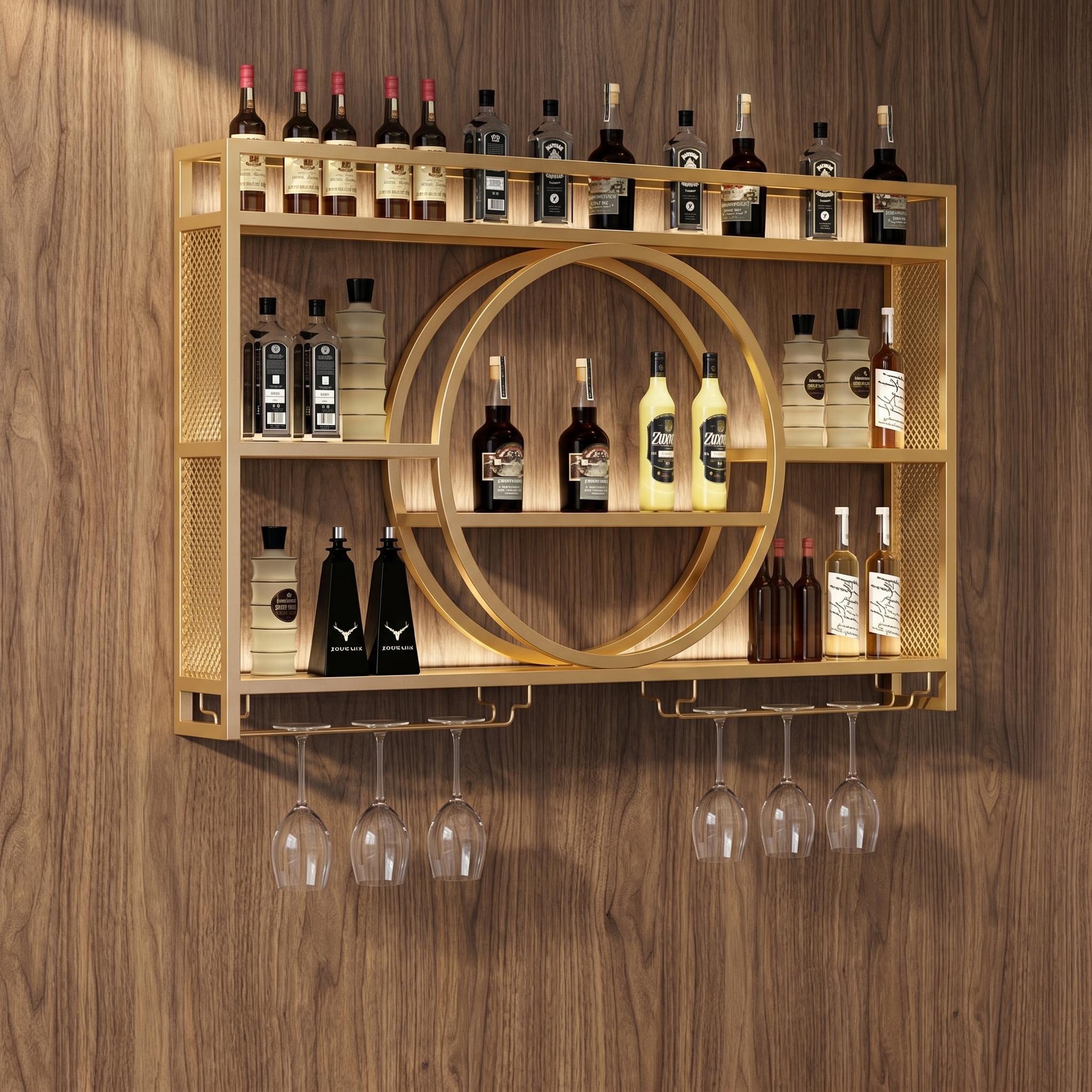 Image of Metal Wall Mounted Wine Rack, 3 Tier Bar Shelves With Glass Holder, Large Capacity Modern Liquor Shelves For Home Bar, Dining Room And Kitchen, Golden