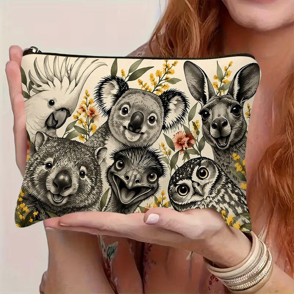 TEMU 1pc 2d Flat Printed Australian Wildlife Cosmetic Bag, Featuring Friendly White , Koala, Kangaroo, Wombat, Emu & Owl Illustrations, Foliage &