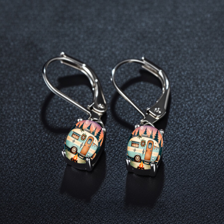 TEMU 2pcs Van & Trailer Earrings - Retro Van Jewelry, Oval Earrings For, For Road Trips, Outdoor Travel Accessories, Wearable (no Plating)
