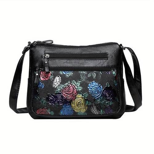 womens genuine leather floral crossbody shoulder bag multi closure adjustable strap mixed color flower pattern polyester lining oil trim versatile purse for everyday use special occasions stylish travel accessory durable stitched edges casual handbag fashionable handbag quality stitching