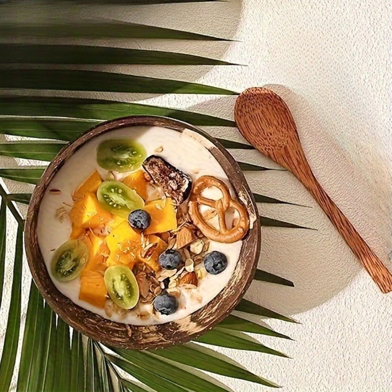 Image of 2pcs (1 Bowl And 1 Spoon) Coconut Shell Bowls With Spoons - 1 Set, Perfect For Yogurt, Salad, Rice And Desserts - Handcrafted Kitchen Essentials
