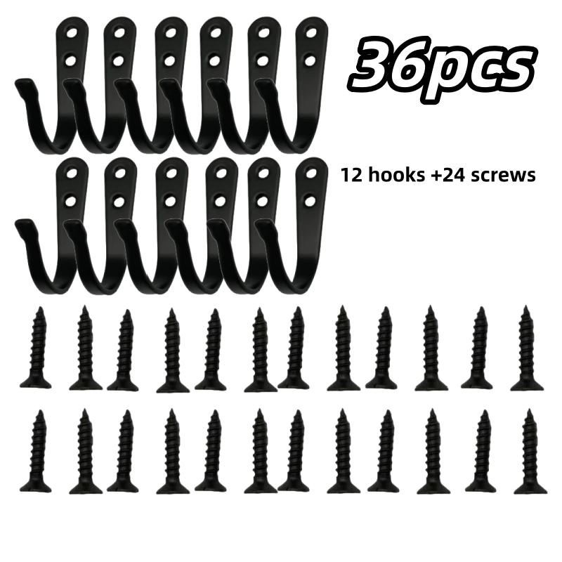 36pcs Heavy-duty Metal Wall-mounted Hook & Screw Set (12 Hooks + 24 Screws) --style Weight-bearing Hooks Suitable For Home, Office,, Workshop - , Display & Coat Rack Organizing System