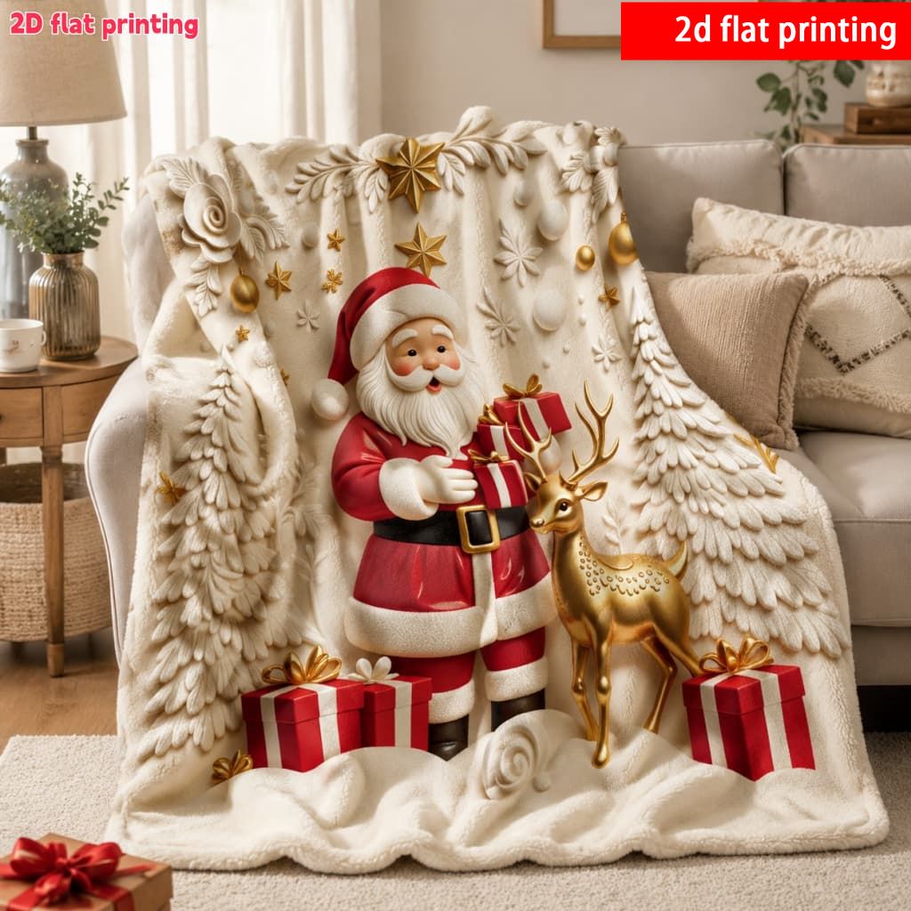 TEMU Impression plate 2D, 1 couverture en imprimée avec Père Noël et un , design festive, confortable et chaude, convient pour canapé et lit-canneau,