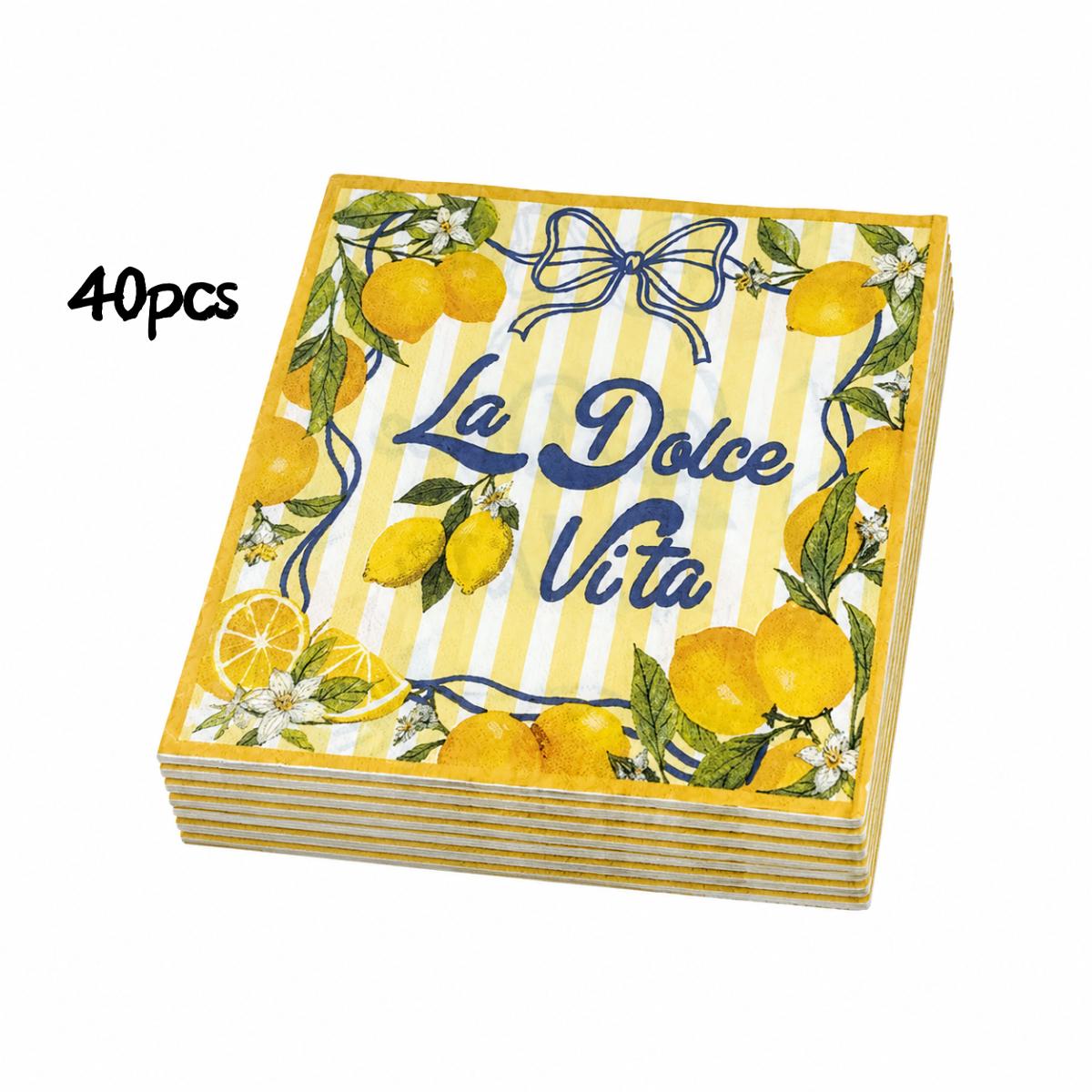 TEMU Lot de 20 à 60 serviettes d'été "La Vita" de style italien, essuie-mains jetables avec nœuds et imprimés de citrons jaunes, pour sur le thème du