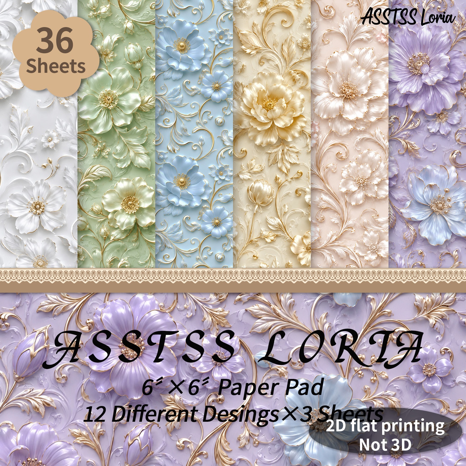 TEMU 36-sheet Asstss Loria 6x6 Inch Scrapbooking Paper Pad, Colorful Relief Flowers Plane/2d Backing Paper Supplies, Heavyweight Cardstock For