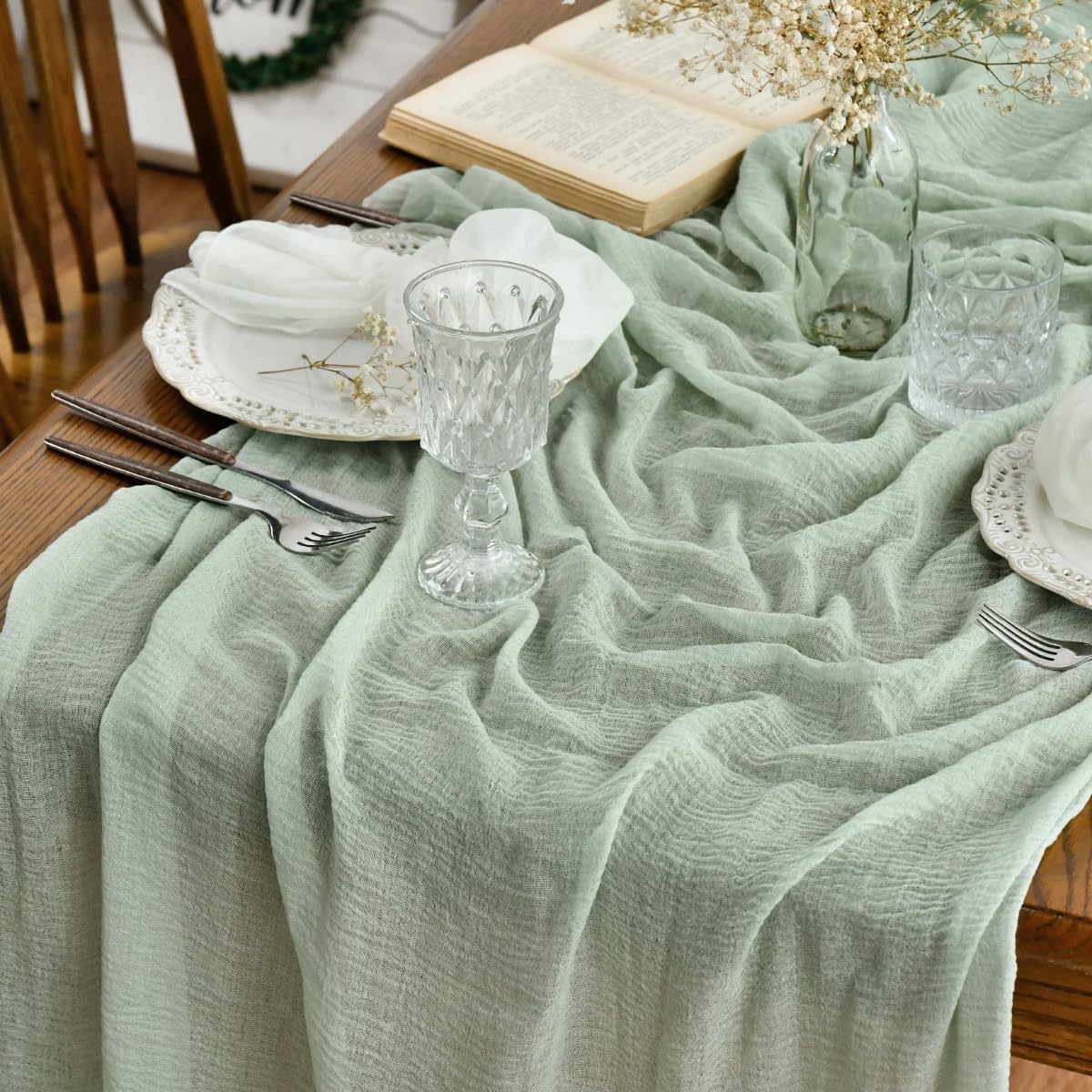 Image of 1 Pack Boho Cheesecloth Gauze Sage Green Wedding Table Runner, 10ft Seasonal Fabric Kitchen Dining Holiday Table Decor For Home Party Indoor
