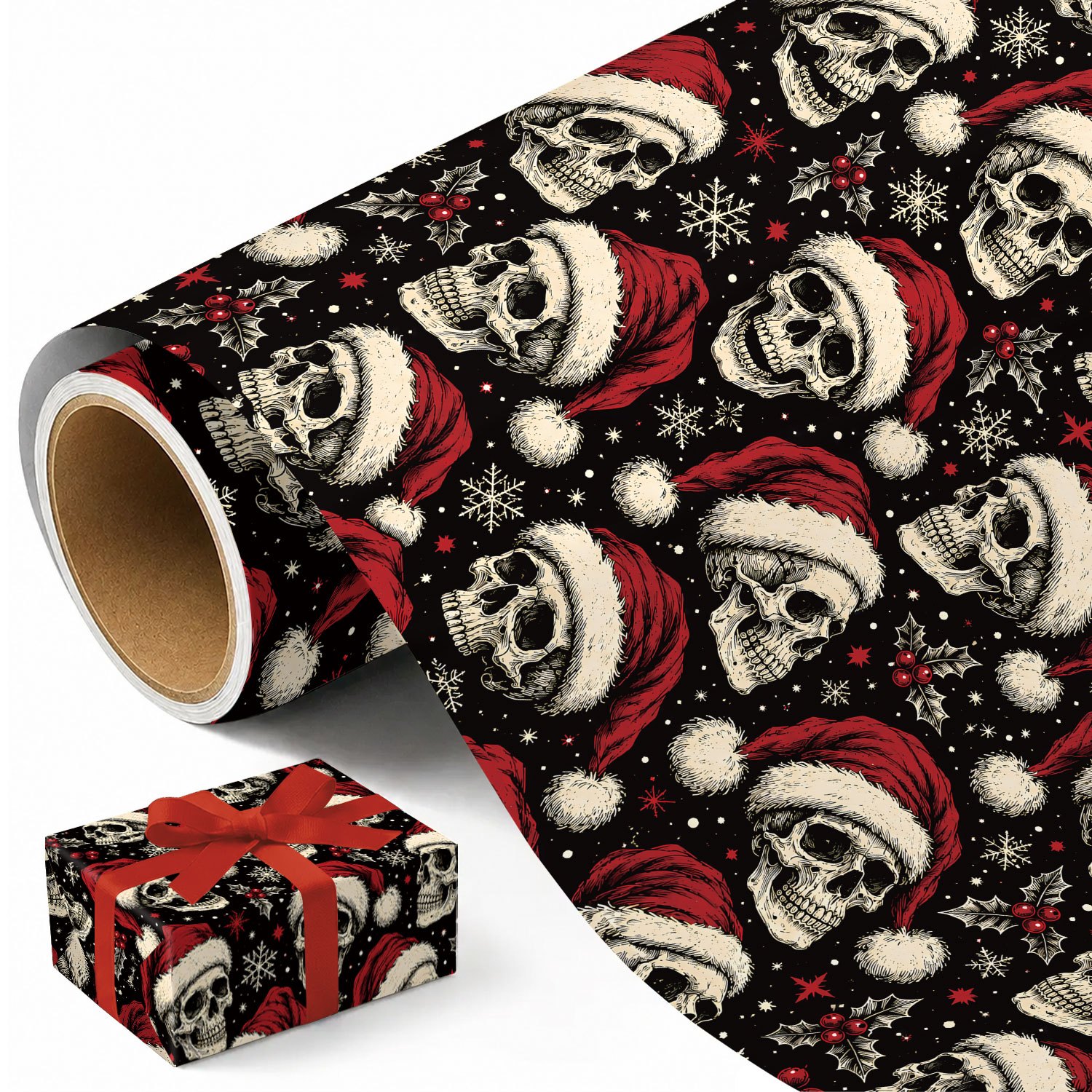 Image of 1 Roll Black Christmas Gift Wrapping Paper - Xmas , Poinsettia Pattern, Holiday Designs - Measuring 45cm × 300cm (17.7in × 118in)