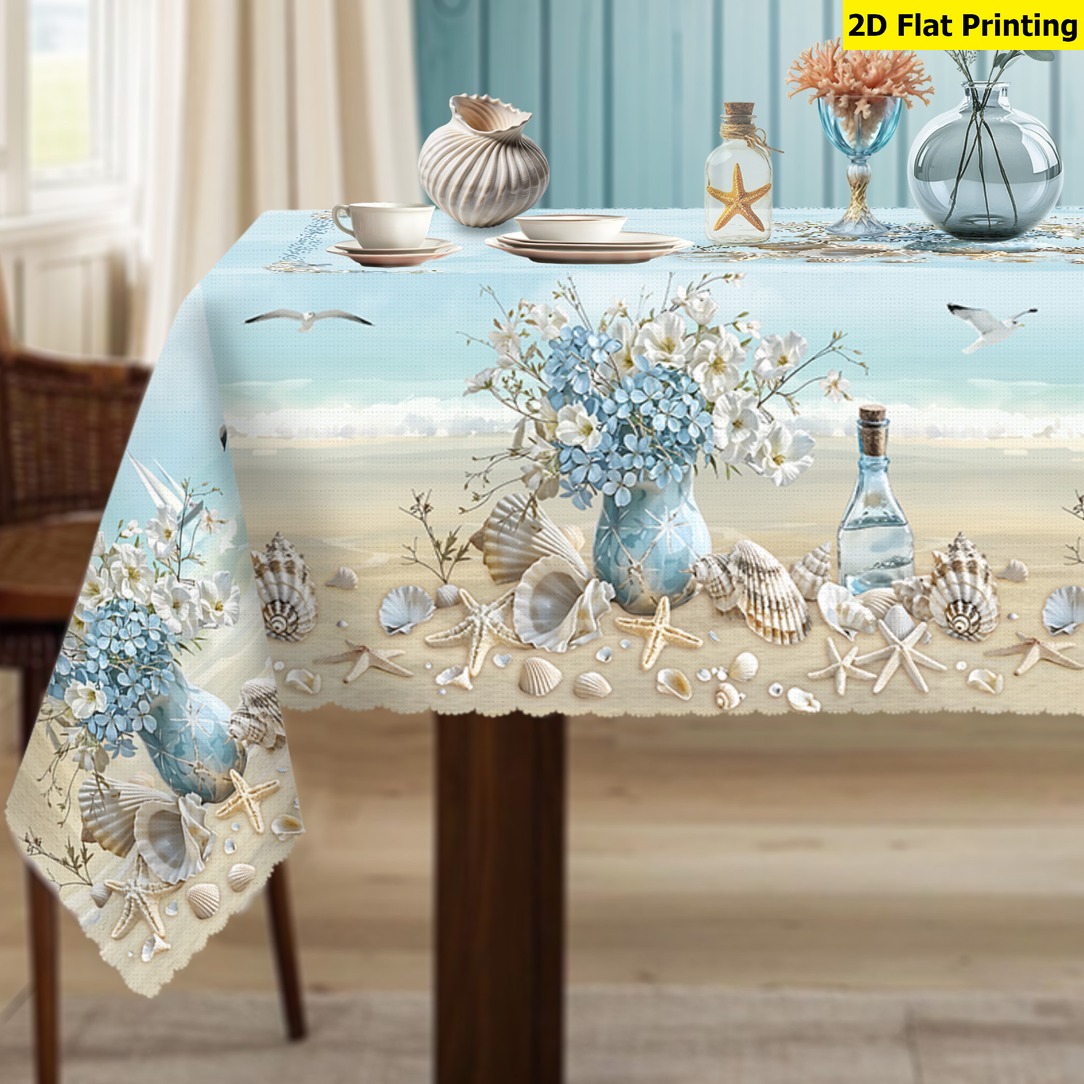 TEMU 2d Flat Tablecloth, 1pc Ocean-themed Tablecloth With Watercolor Simulated Seashells, Message-in-a-bottle, And Starfish Patterns - Durable