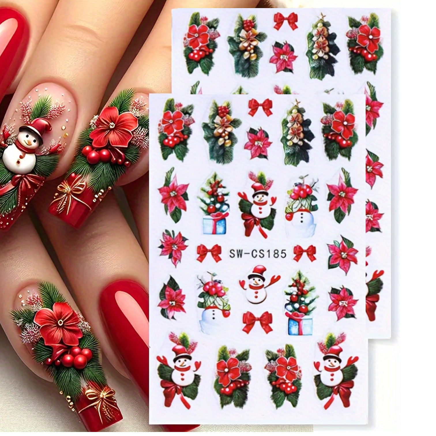 Image of 2pcs Christmas Nail Stickers - Cartoon Snowman Cane , Self-adhesive Pet Nail Art Stickers With Glitter Embellishment, Semi-glossy Effect Holiday Nail Art, Christmas Holiday Styling, Shiny Decoration