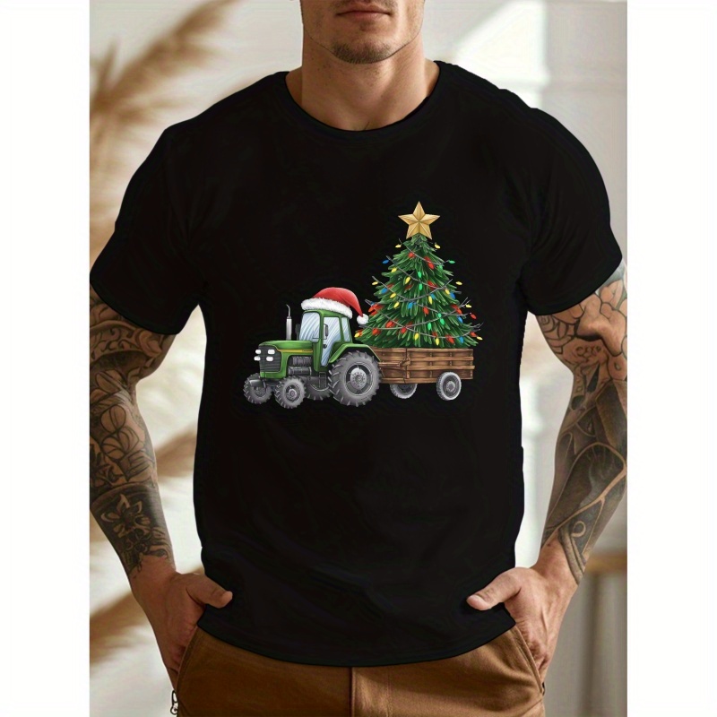 

Men's Casual Crew Neck T-shirt With Christmas Tree & Tractor Print - Lightweight, Breathable Polyester For