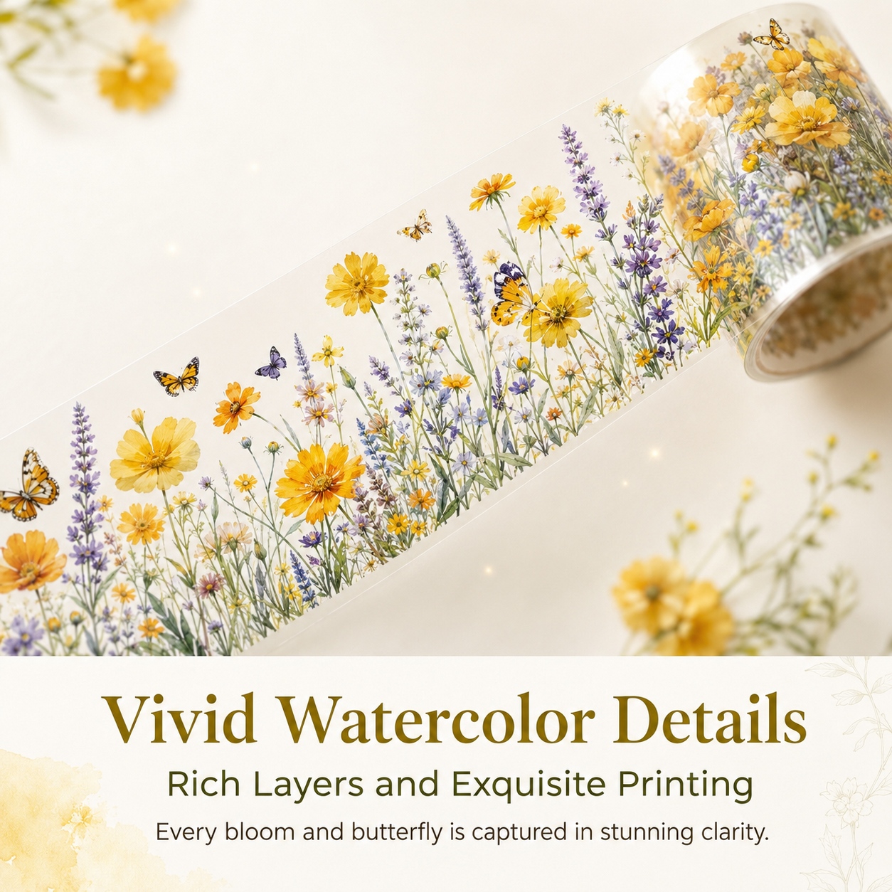 TEMU 1 Roll Vivid Yellow Pet Tape, Transparent Watercolor Floral Decorative Tape With Design For Journaling, Scrapbooking, Planners And Crafts