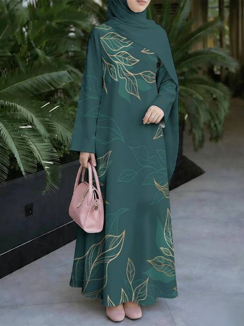 imagem do item vestido maxi muçulmano verde-escuro com estampa de folhas com dourados, de comprida e de , adequado para adoração, reuniões e passeios. esta nova coleção um vestido muçulmano longo , porém , com um de folhas lisonjeiro que disfarça o