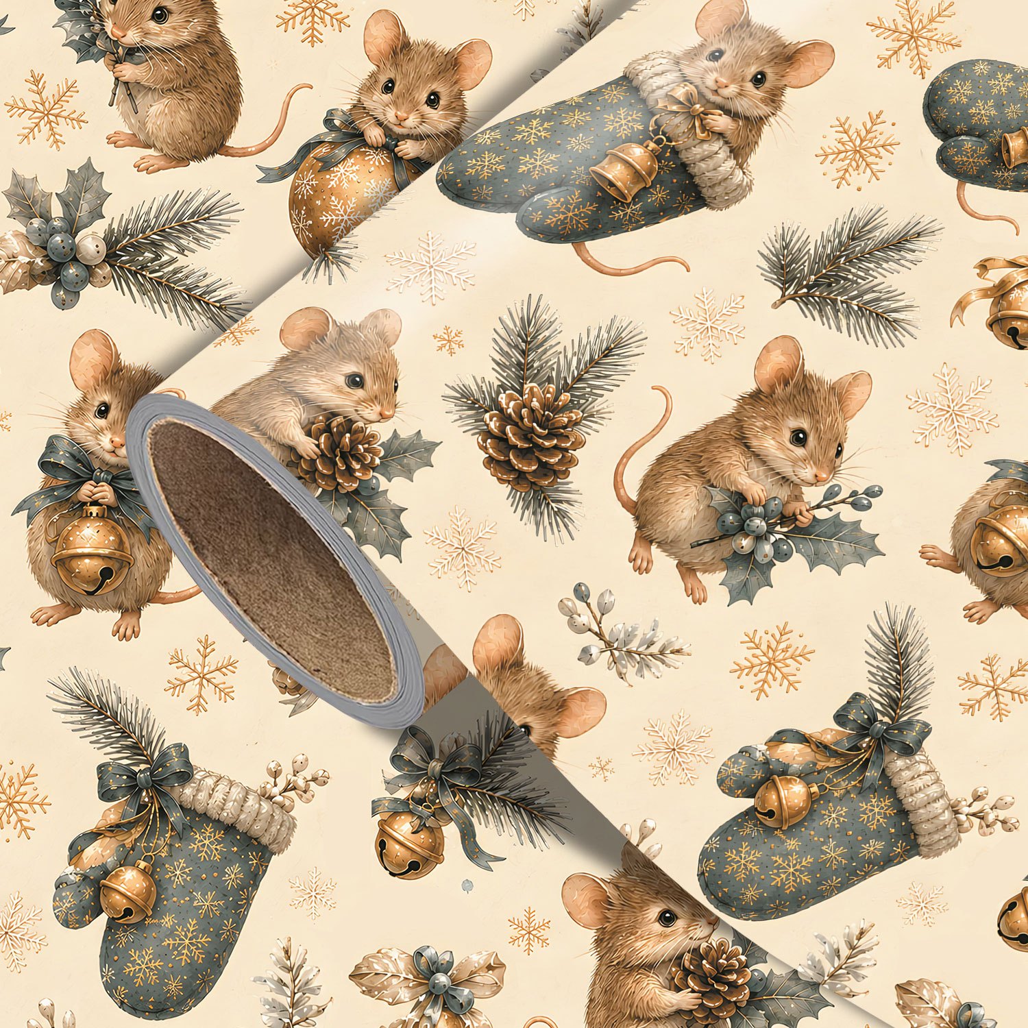 TEMU Rouleau de papier cadeau de Noël vintage - Mesure 17,7 pouces × 118 pouces, motif de petite souris, parfait pour emballer des cadeaux de Noël,
