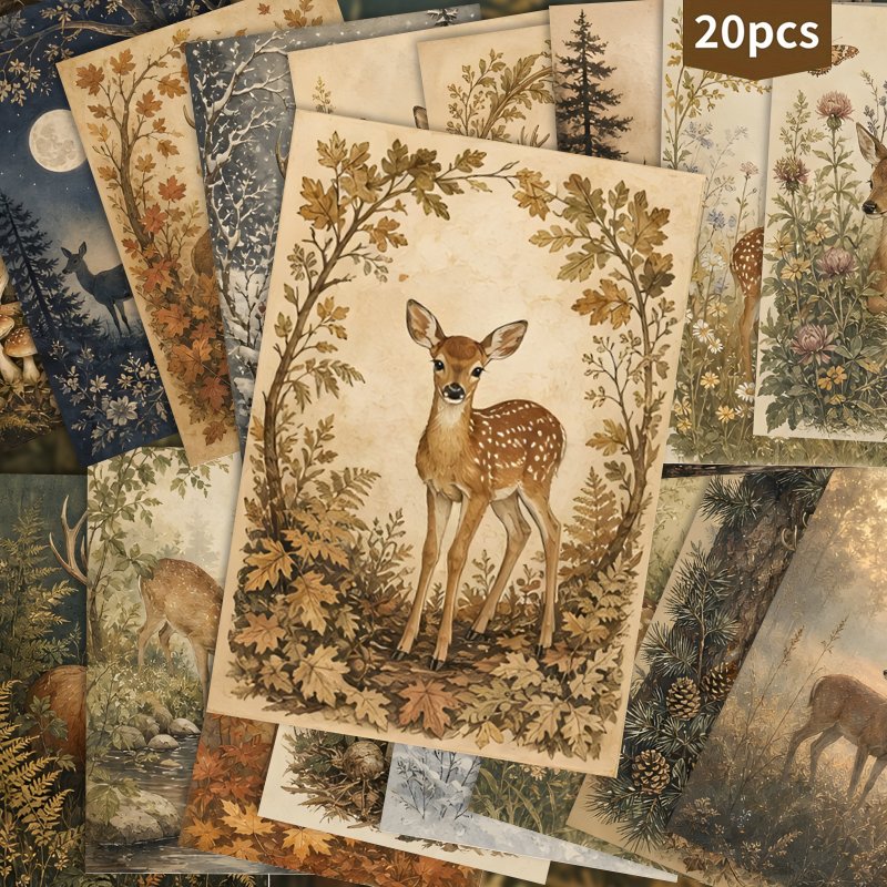 TEMU 20pcs Brand (for Resellers) Suitable For Mailing Vintage Postcard Set - Cottagecore Botanical Cards With Deer Patterns, Aesthetic Scrapbooking