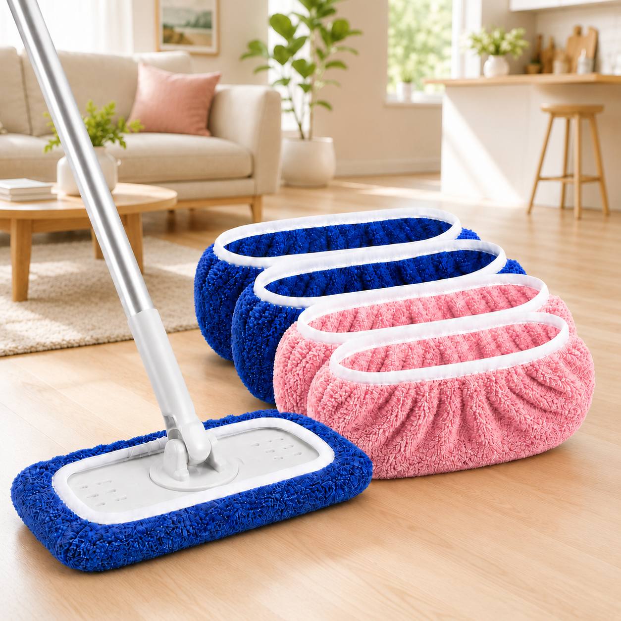 TEMU 4pcs Washable Microfiber Mop Pads, / Optional, Dry Wet Dual-use Strong Absorbent Replacement Mop Cloth, With Elastic Fixing Strap, Compatible