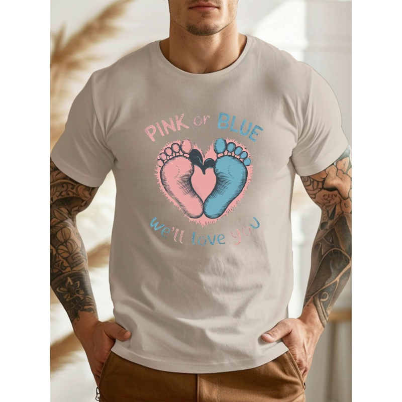 

Men's Polyester Crew Neck T-shirt With Baby - Pink Love You Graphic, Casual Short Sleeve Top With Geometric Pattern, Summer Knit Fabric Tee With Stretch - Regular Fit