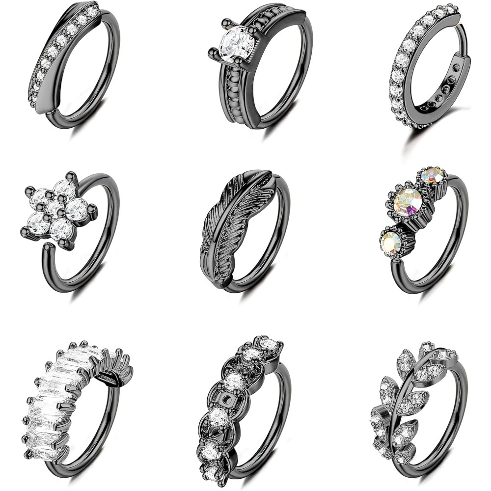 Image of 9pcs Nose Ring Hoop For Women Stainless Steel Cz Leaf Feather Flower Cartilage Earring Nose Piercing Jewelry Set